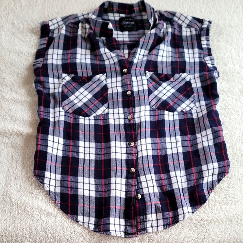 Jach's Girlfriend Navy Summer Plaid Sleeveless Button-Up Shirt Women's Size Med